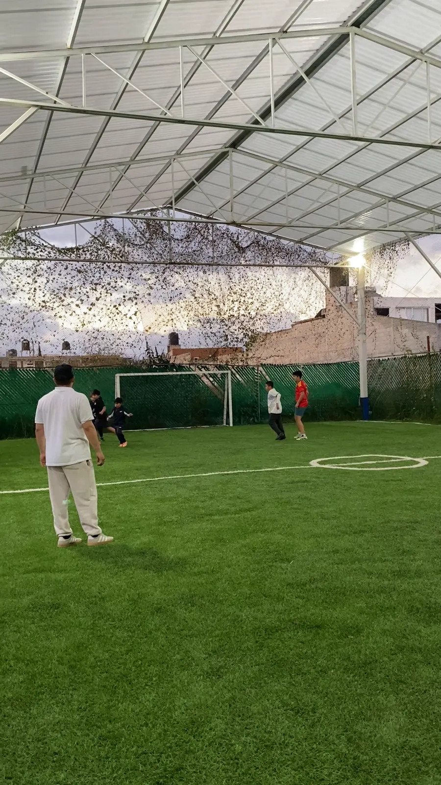 Niños entrenando fútbol con el coach en la cancha techada